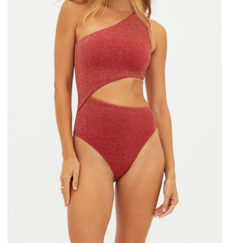 Beach Riot One-Shoulder Cutout One-Piece Swimsuit in Shimmery Red